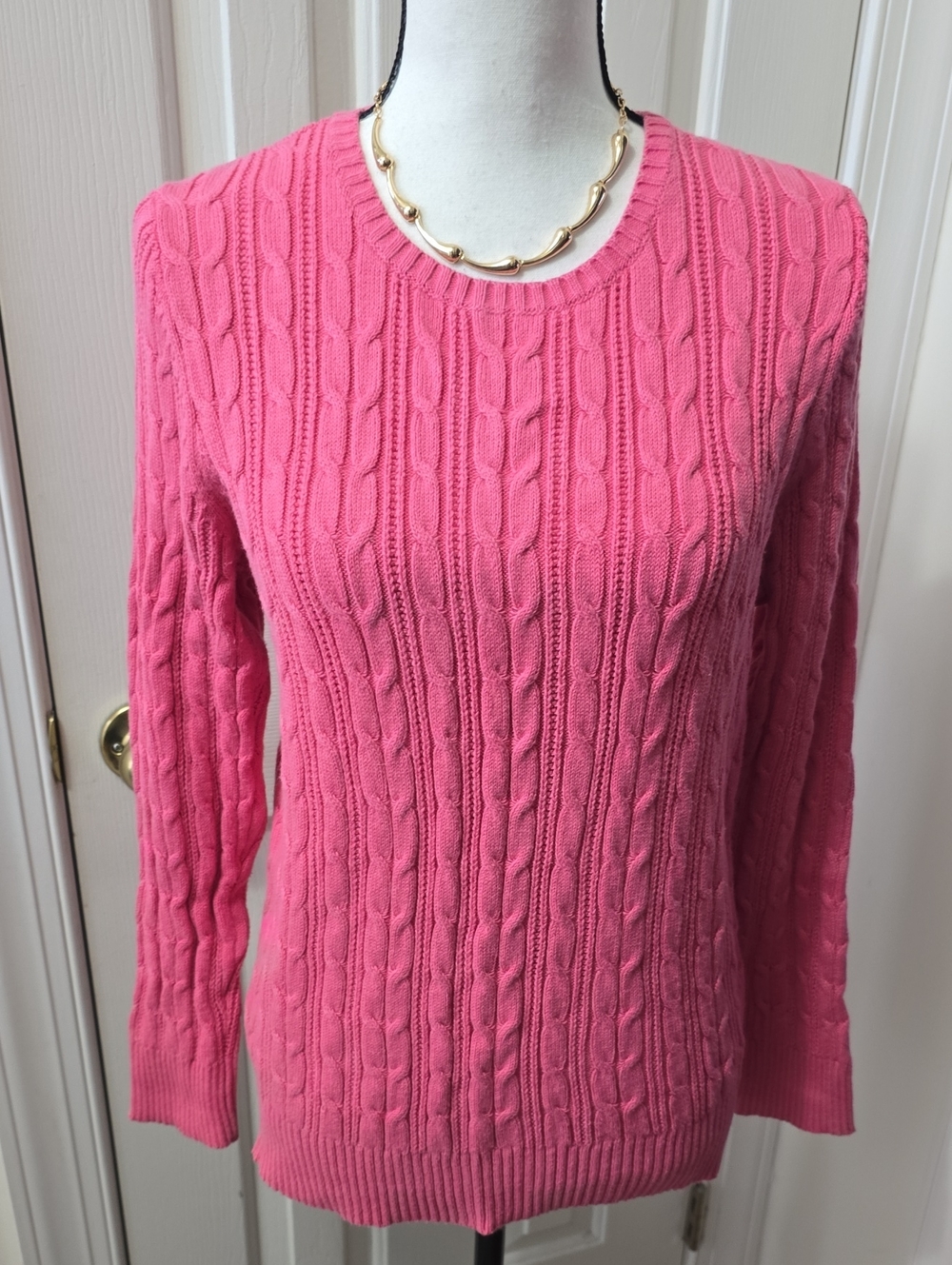 ST. JOHN'S BAY BRAND WOMEN'S PETITE PINK CLASSIC CABLE SWEATER SIZE PETITE LARGE
